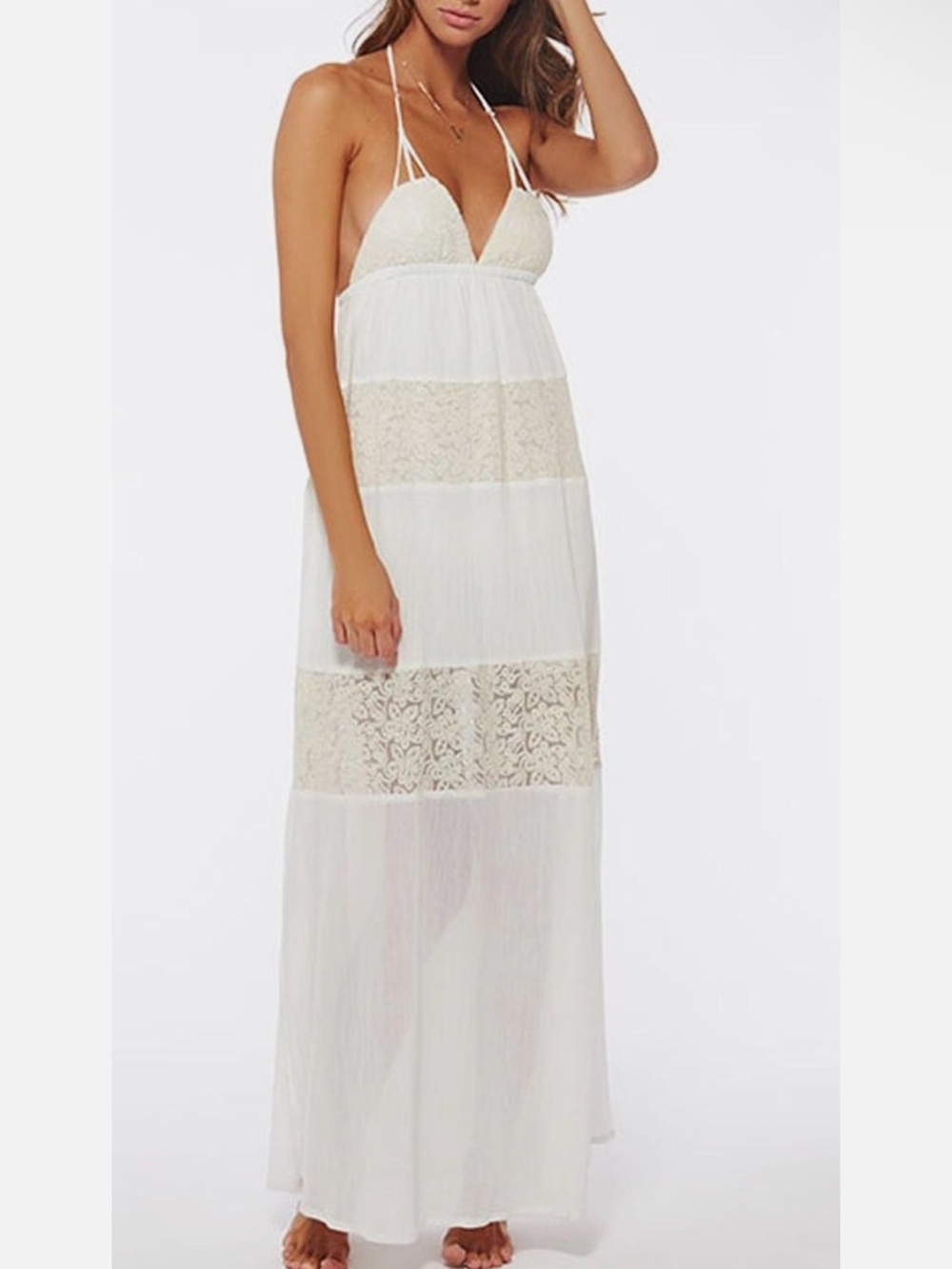 L Space Threads Goldie Ivory Lace Panel Crinkled Gauze Maxi Beach Dress L